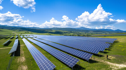 Expansive Solar Park with Rows of Panels, Green Hills and Mountains, Sunlit Landscape, Modern Design, Renewable Energy, Maintenance Workers, Vast Field