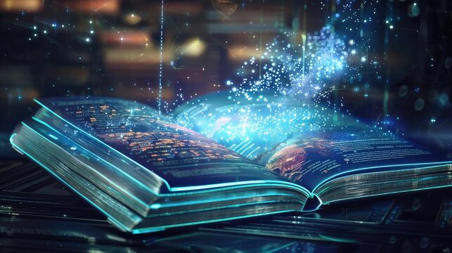 An enchanting open book emitting magical light with a blurred library background, symbolizing fantasy, knowledge, and imagination.