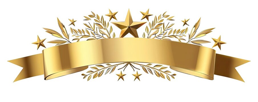 Elegant golden banner with decorative stars and laurel branches, perfect for awards, certificates, and festive decorations.