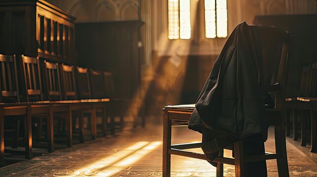 Empty chair in a dimly lit room with sunlight streaming through windows, casting warm, peaceful ambience and shadows.