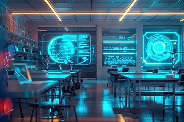 Fototapeta premium Futuristic laboratory with advanced digital interfaces and scientific equipment, illuminated by neon lights.