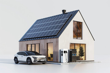House with solar panels on the roof and an electric car.
