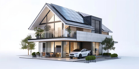 A modern house with solar panels on the roof.