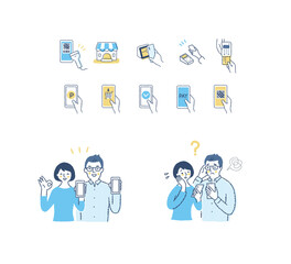 スマホを持っているカップル・キャッシュレス決済のアイコン