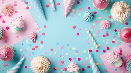 Flatlay with party accessories on colored background for text top view