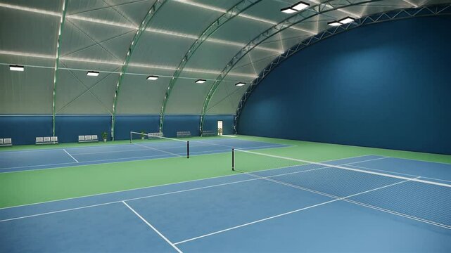 empty indoor tennis court with a blue and green surface and white lines under a metal curved roof structure