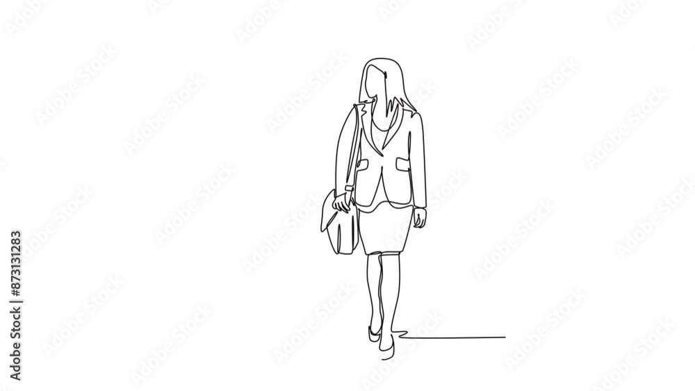 Poster animated self drawing of continuous line draw two young success female company manager take a walk a