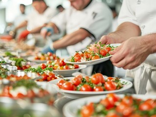 Obraz premium Culinary Diversity: Chefs Creating Appetizers, Entrees, and Desserts in a Bustling Restaurant Kitchen