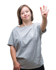 Fototapeta premium Young adult woman with down syndrome over isolated background showing and pointing up with fingers number four while smiling confident and happy.