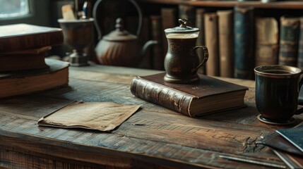 Vintage still life with wooden workspace book and coffee