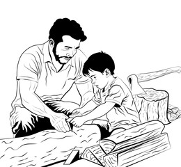 Experience the bond of fatherhood with this detailed vector line art. A father teaches his son to chop wood, capturing a timeless lesson in resilience. Perfect as coloring art for kids