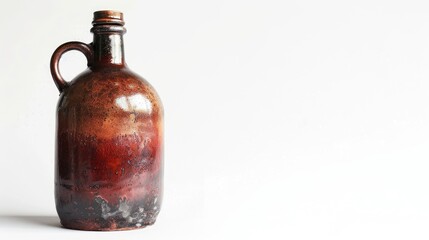 Antique ceramic bottle in red and brown viewed from the front on a white background vintage style with space for text