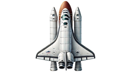 Cartoon-style space shuttle with an orange external tank and two solid rocket boosters. It has detailed markings and a transparent background