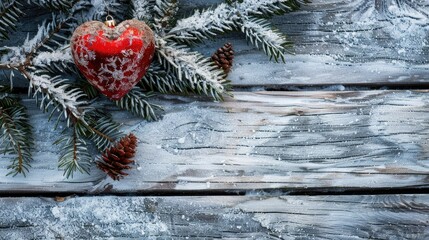 Vintage red heart shaped Christmas ornament on snowy fir branch with copy space on wooden board