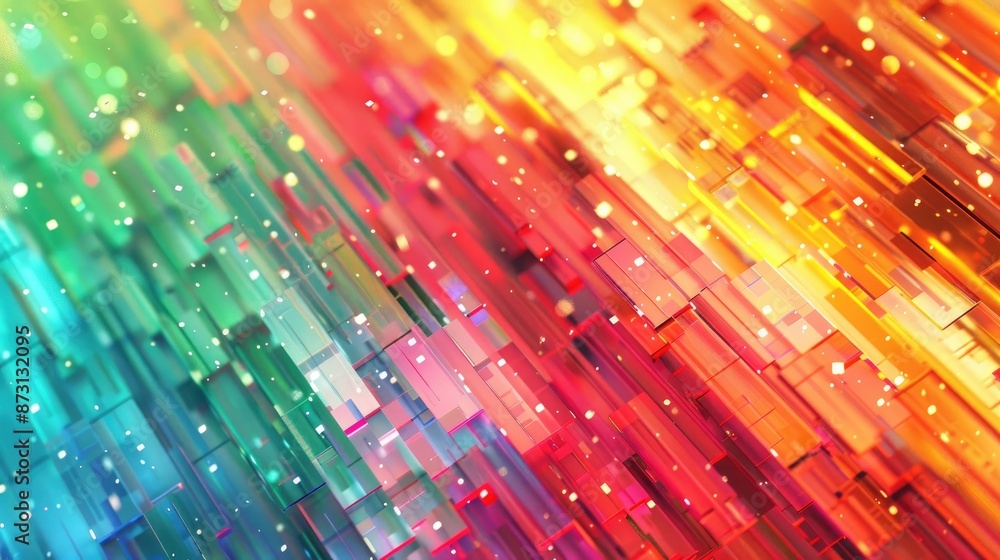 Poster a vibrant abstract background with digital pixelated patterns in rainbow shades