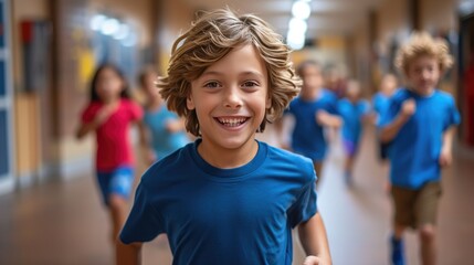 Spontaneous Joy: Kids Running in School Hallway
