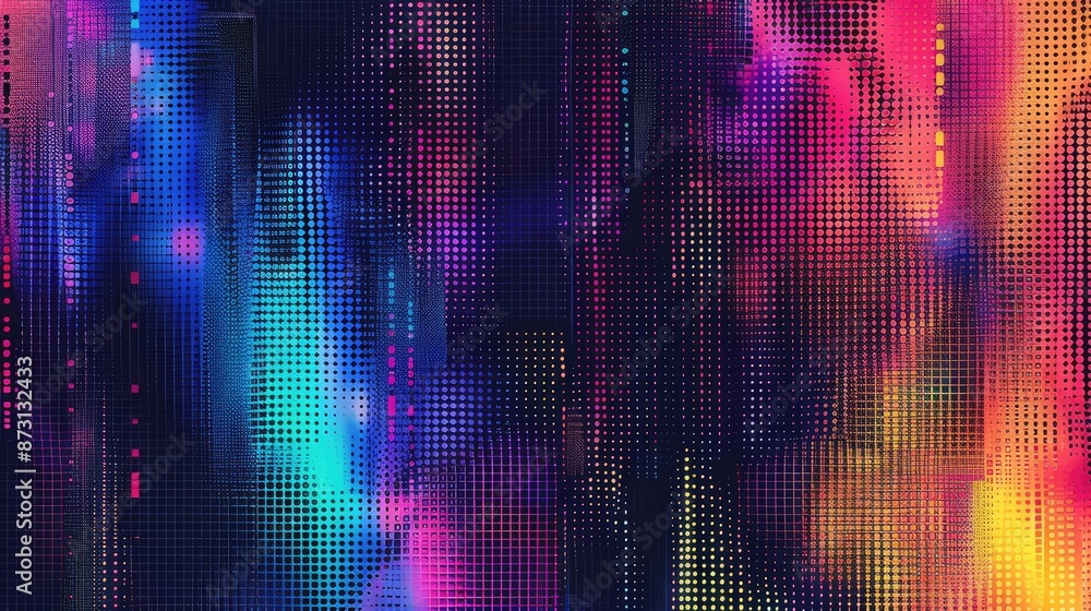 Poster a vibrant abstract background with digital pixelated patterns in rainbow shades
