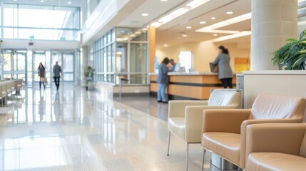 Spacious hospital lobby with seating and reception area. Bright and welcoming healthcare facility