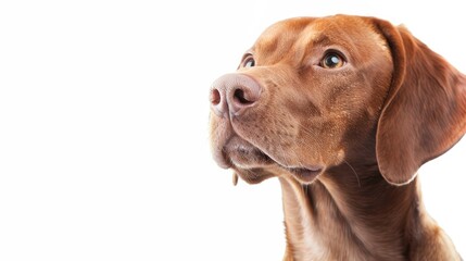 Brown Hungarian Vizsla dog displaying calm focus on white backdrop representing animal care with room for text