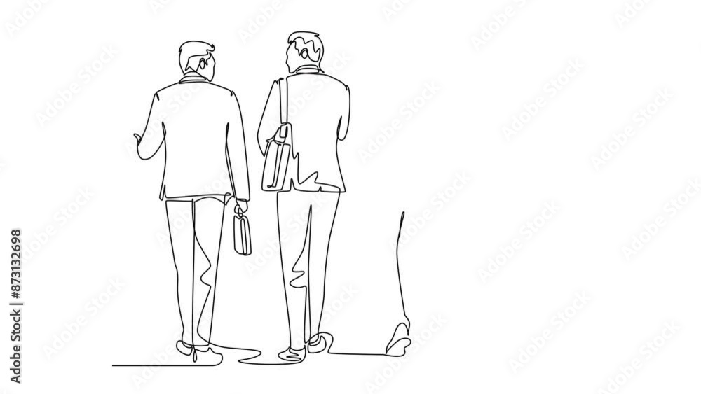 Poster self drawing animation of single line draw back view of young businessmen discussing work while walk