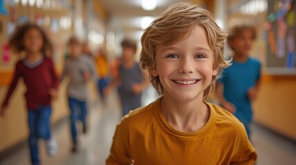 Vibrant School Scene: Children Running with Joy