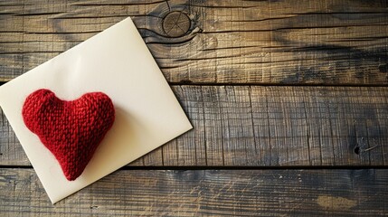 Valentine s Day card with cloth heart on wooden desk Copy space available