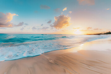 Tranquil beach scene with soft sand, gentle waves, and a blue sky. Perfect for travel and vacation concepts