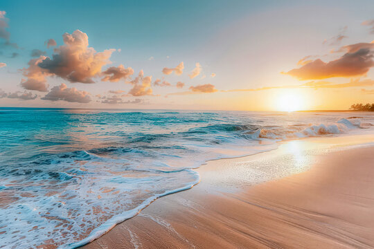 Tranquil beach scene with soft sand, gentle waves, and a blue sky. Perfect for travel and vacation concepts