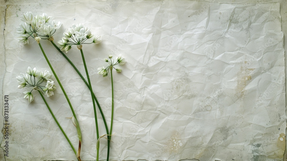 Wall mural textured square paper background with wild leek flowers