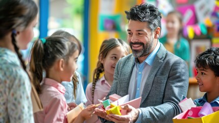 Obraz premium A man is smiling at a group of children