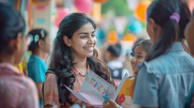 A woman is smiling and holding a book in front of a group of children