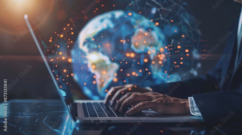 Poster business intelligence in action, with a businessman using a laptop computer featuring global network