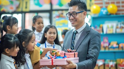 A man in a suit is holding a pink box and smiling at a group of children