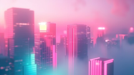 Obraz premium Cityscape with Neon Glow, Vaporwave Twilight.