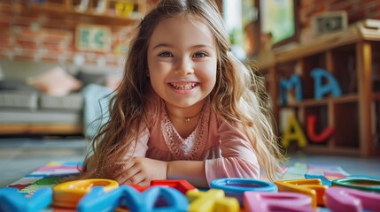 A young girl is laying on the floor in front of a large alphabet block set