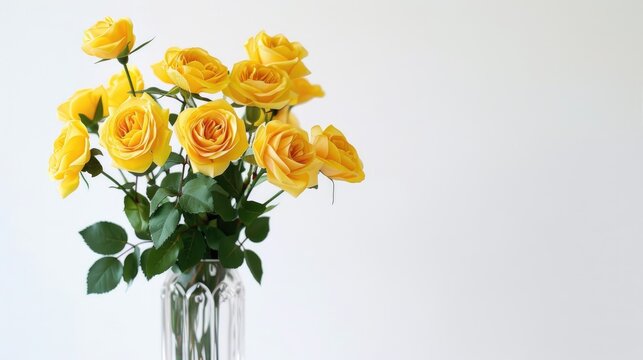 Yellow fabric artificial roses bouquet in glass vase on white background close up shot with selective focus