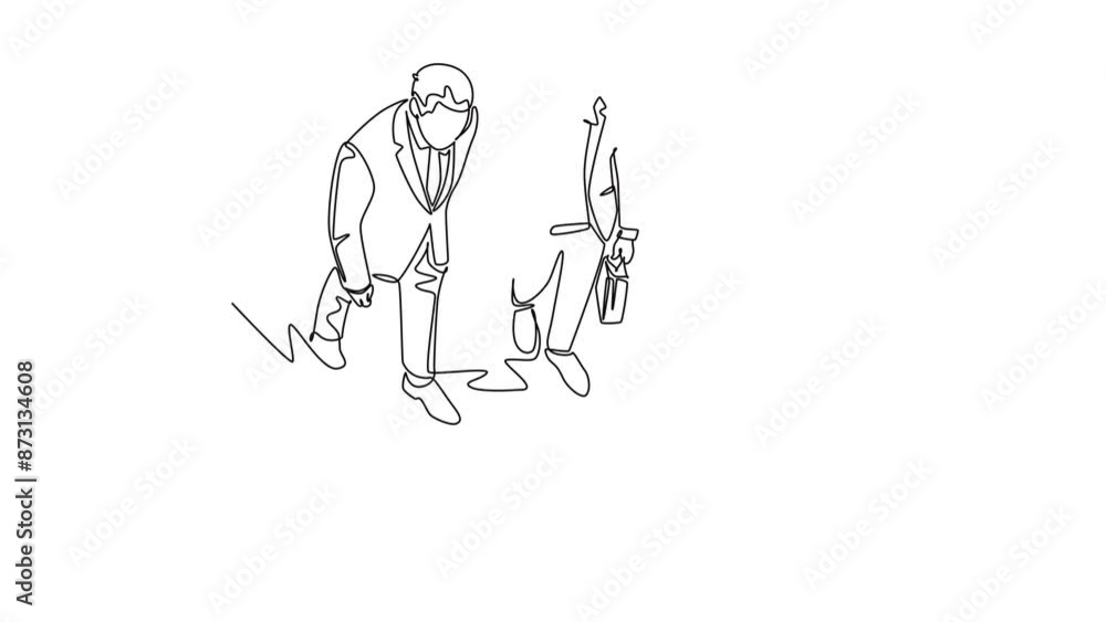 Poster self drawing animation of single line draw top view of group urban commuters walking pass over and o