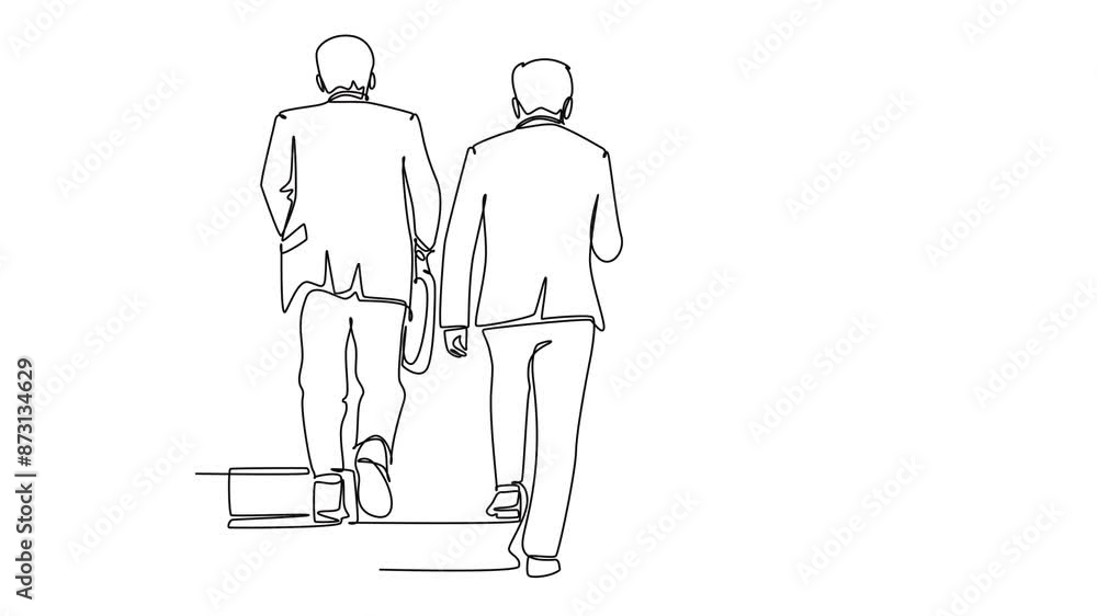 Aufkleber animated self drawing of continuous line draw back view of success businessmen discussing work while