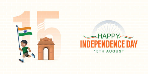 Independence Day India, Banner, Poster,  Boy Waving Indian Flag at, Independence Day Indian, Monument, India Independence Day, with Perfect for 15th August Festivities