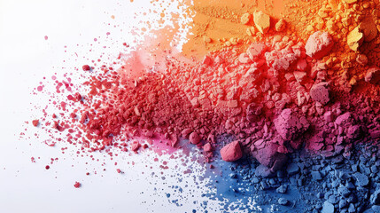 A vibrant explosion of colorful powders blending from orange to blue, creating an artistic and dynamic composition.