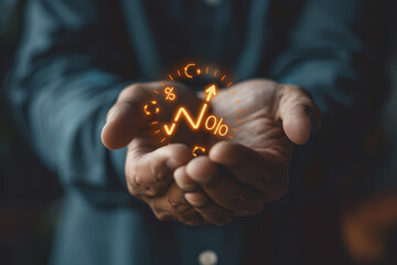 The Businessman holds up an arrow icon and percentage with graph indicators for investment growth.