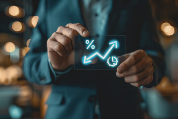 The Businessman holds up an arrow icon and percentage with graph indicators for investment growth.