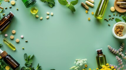 A soothing green background hosting a flat lay of natural medicine products like herbal supplements 