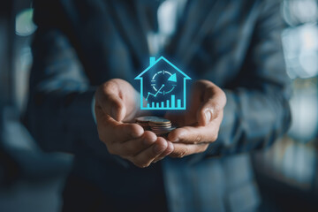 The Businessman holds up an arrow icon and percentage with graph indicators for investment growth.