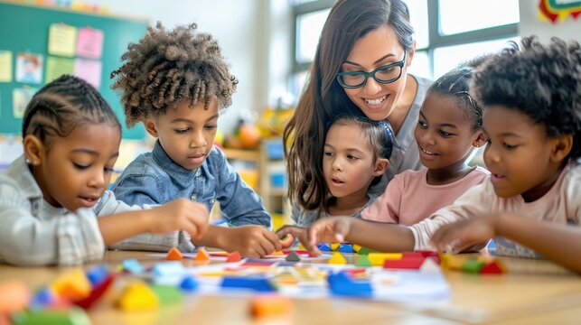A teacher is helping a group of children play with blocks