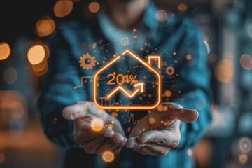 The Businessman holds up an arrow icon and percentage with graph indicators for investment growth.