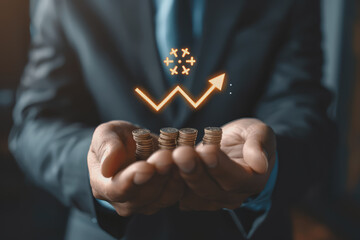 The Businessman holds up an arrow icon and percentage with graph indicators for investment growth.