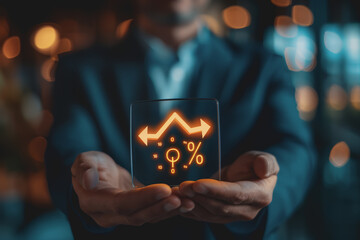 The Businessman holds up an arrow icon and percentage with graph indicators for investment growth.