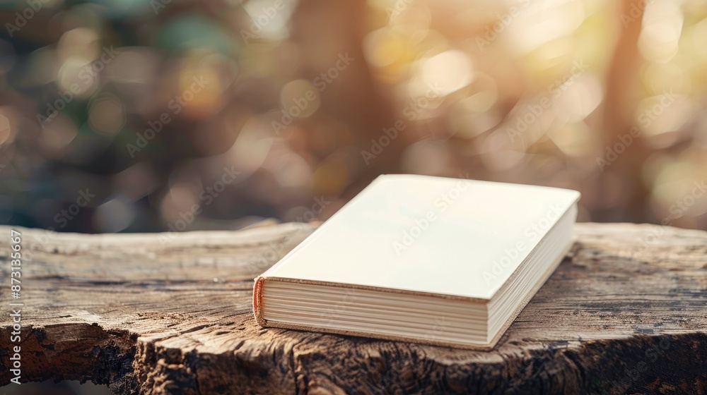 Poster old fashioned blank notepad on wooden surface with copy space isolated on a blurry background
