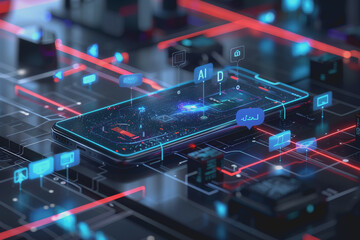 Mobile technology with text "AI" on screen, abstract background technology.